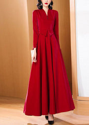 Dinner Red V Neck Patchwork Button Party Long Dress Fall