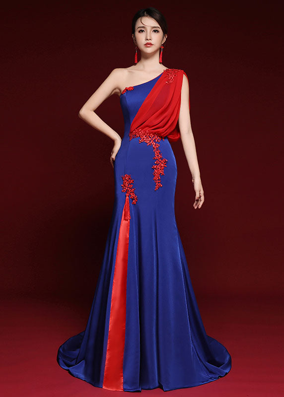 Dinner Royal Blue Shoulder Tulle Patchwork Silk Mopping Long Dress Summer