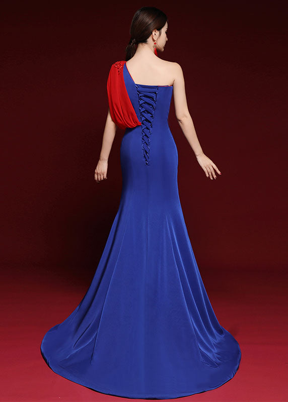 Dinner Royal Blue Shoulder Tulle Patchwork Silk Mopping Long Dress Summer