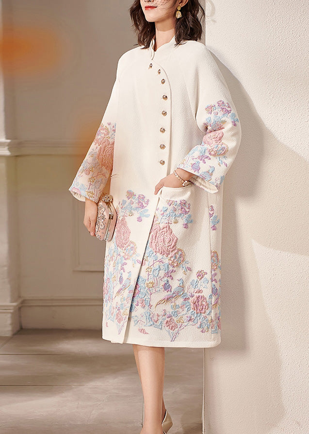 Dinner White Stand Collar Embroidered Button Thick Cotton Coats Spring