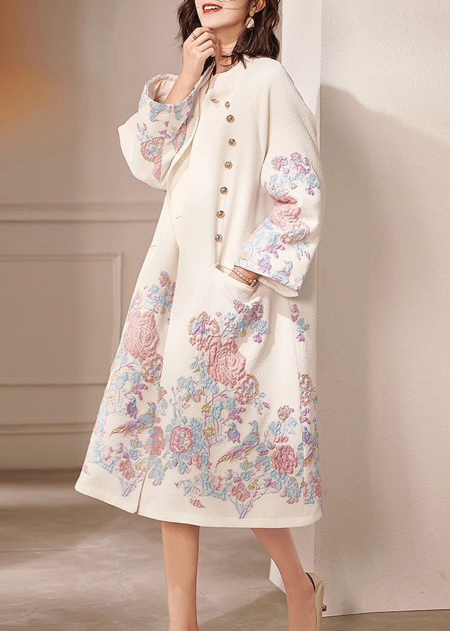 Dinner White Stand Collar Embroidered Button Thick Cotton Coats Spring