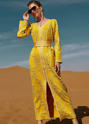 Dinner Yellow O-Neck Floral Slim Lace Maxi Dresses Long Sleeve