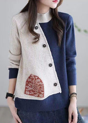 Diy Beige High Neck Oversized Patchwork Knit Sweaters Winter