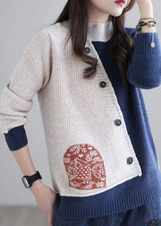 Diy Beige High Neck Oversized Patchwork Knit Sweaters Winter