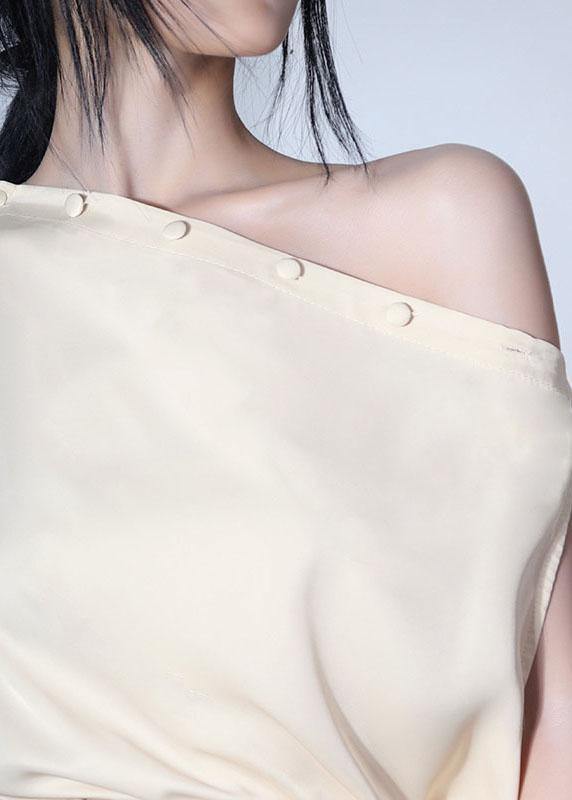 Diy Beige One Shoulder Asymmetrical design Blouses silk Summer - SooLinen