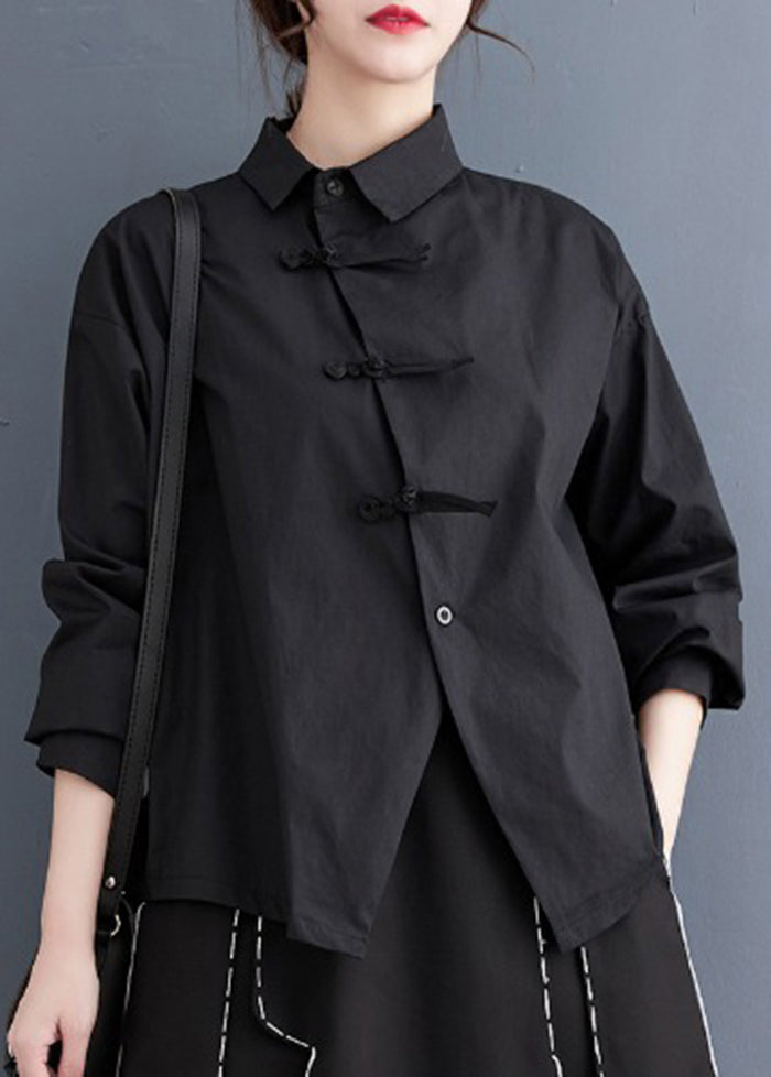 Diy Black Asymmetrical Design Chinese Button Cotton Shirts Spring