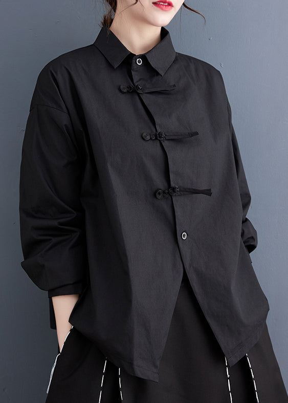 Diy Black Asymmetrical Design Chinese Button Cotton Shirts Spring