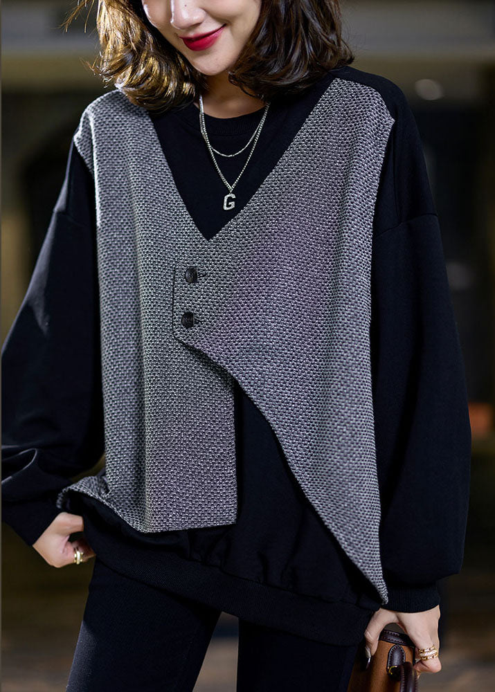 Diy Black Asymmetrical Patchwork Cotton Fake Two Piece Sweatshirt Streetwear Winter