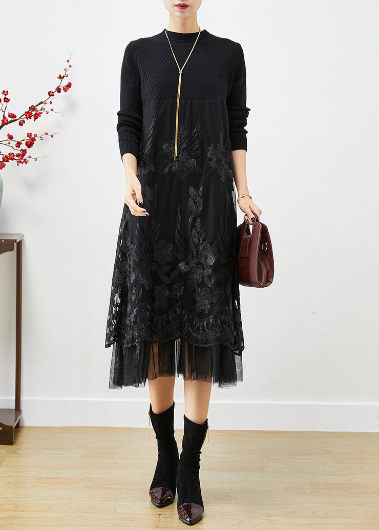 Diy Black Embroidered Patchwork Tulle Knit Long Dress Fall