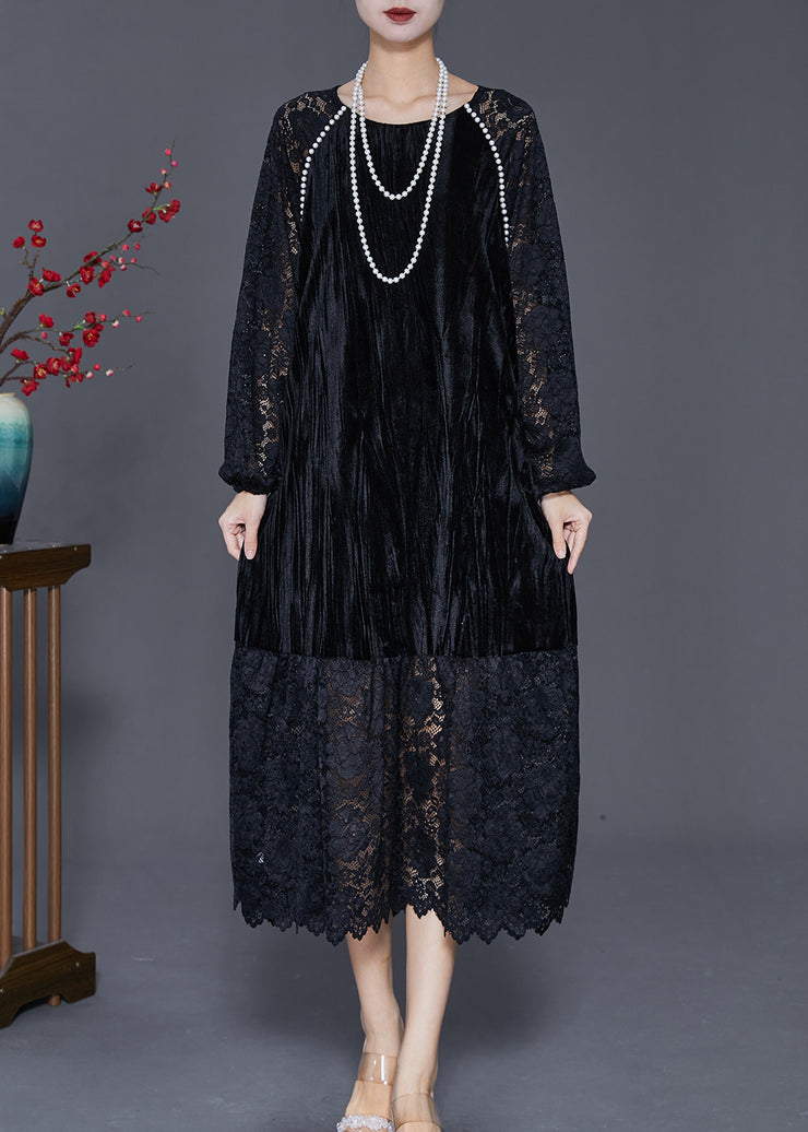 Diy Black Hollow Out Lace Patchwork Silk Velour Maxi Dresses Fall