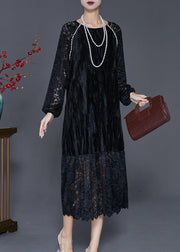 Diy Black Hollow Out Lace Patchwork Silk Velour Maxi Dresses Fall