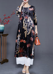 Diy Black Oversized Print Silk Velour Long Dress Bracelet Sleeve
