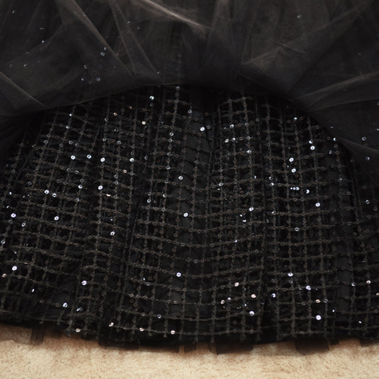 Diy Black Sequins Hollow Out tulle Pleated Skirt Summer