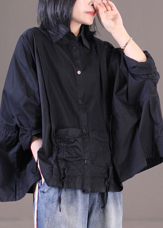 Diy Black Turn-down Collar Drawstring Wrinkled Cotton Loose Shirt Top Batwing Sleeve