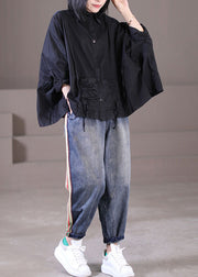 Diy Black Turn-down Collar Drawstring Wrinkled Cotton Loose Shirt Top Batwing Sleeve