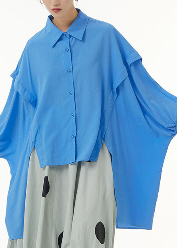 Diy Blue Asymmetrical Patchwork Cotton Shirts Batwing Sleeve