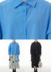 Diy Blue Asymmetrical Patchwork Cotton Shirts Batwing Sleeve