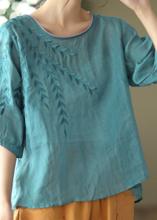 Diy Blue Embroidered Patchwork Cotton T Shirt Summer