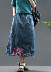 Diy Blue High Waist Embroidered Patchwork Cotton Denim Skirts Summer