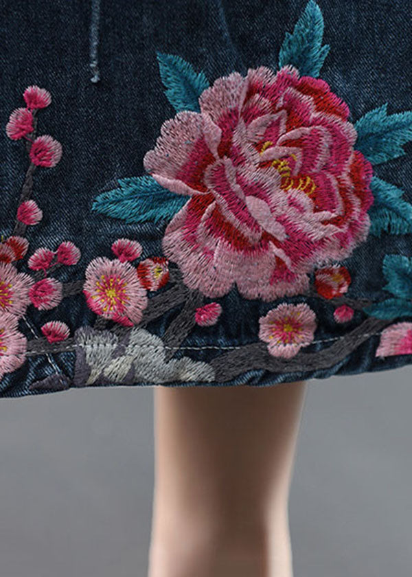 Diy Blue High Waist Embroidered Patchwork Cotton Denim Skirts Summer