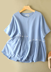 Diy Blue O-Neck Asymmetrical Embroidered Wrinkled Cotton Shirts Short Sleeve