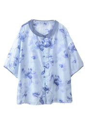 Diy Blue Oversized Floral Print Linen Shirt Top Half Sleeve