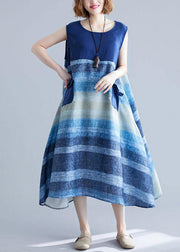 Diy Blue Patchwork Striped O-Neck Summer Cotton Dress - SooLinen