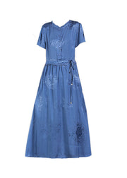 Diy Blue Ruffled Tie Waist Jacquard Silk Long Dress Short Sleeve