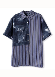 Diy Blue Striped Peter Pan Collar Patchwork Cotton Shirts Summer