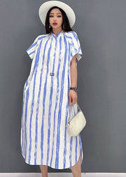 Diy Blue Striped Stand Collar Side Open Cotton Maxi Dresses Short Sleeve