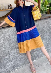 Diy Blue Yellow Patchwork Turn-down Collar Summer Holiday Dress - SooLinen