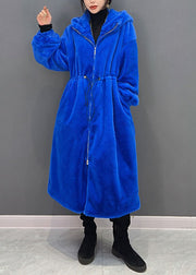 Diy Blue zippered Hooded drawstring Fuzzy Fur Fluffy long coats Winter