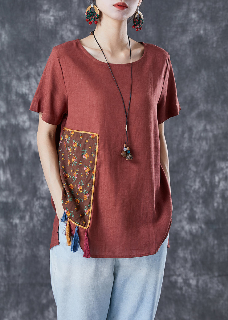 Diy Brick Red Oversized Patchwork Applique Linen Tops Summer