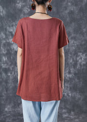 Diy Brick Red Oversized Patchwork Applique Linen Tops Summer