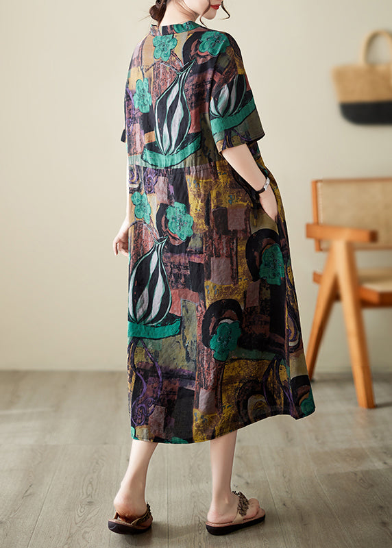 Diy Brown Cinched Print Linen Maxi Dresses Summer