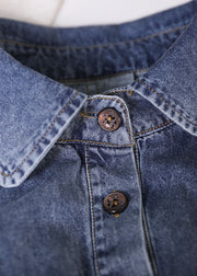 Diy Denim Blue Turn-down Collar Button Pockets Cotton Maxi Dresses Short Sleeve