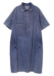 Diy Denim Blue Turn-down Collar Button Pockets Cotton Maxi Dresses Short Sleeve