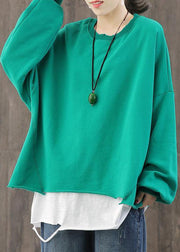 Diy Green Oversized Patchwork Cotton Fake Two Piece Pullover Sweatshirt Fall