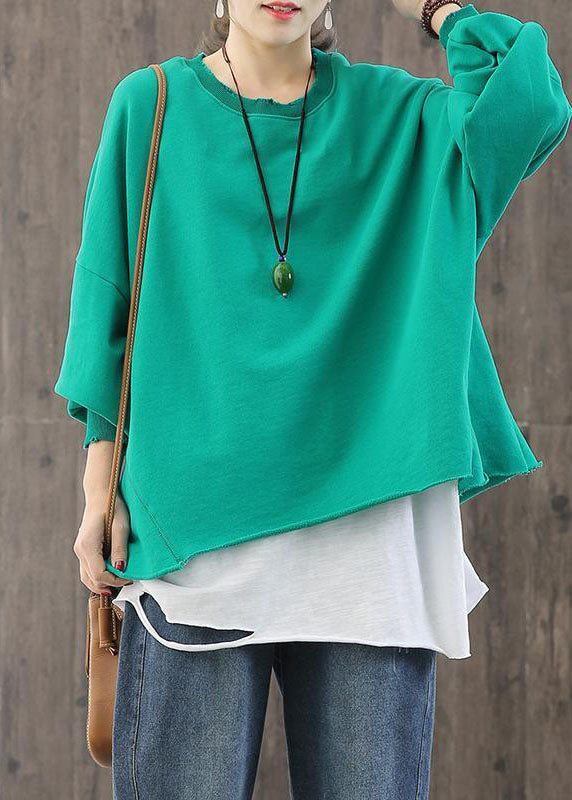 Diy Green Oversized Patchwork Cotton Fake Two Piece Pullover Sweatshirt Fall