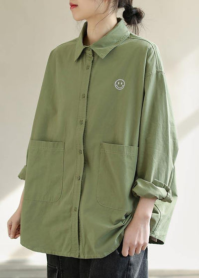 Diy Green Smiling Face Tunic Lapel Pockets Baggy Spring Shirts - SooLinen
