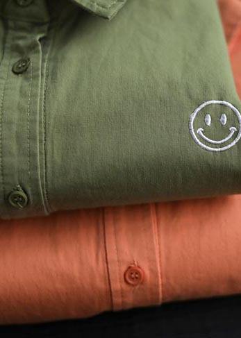 Diy Green Smiling Face Tunic Lapel Pockets Baggy Spring Shirts - SooLinen