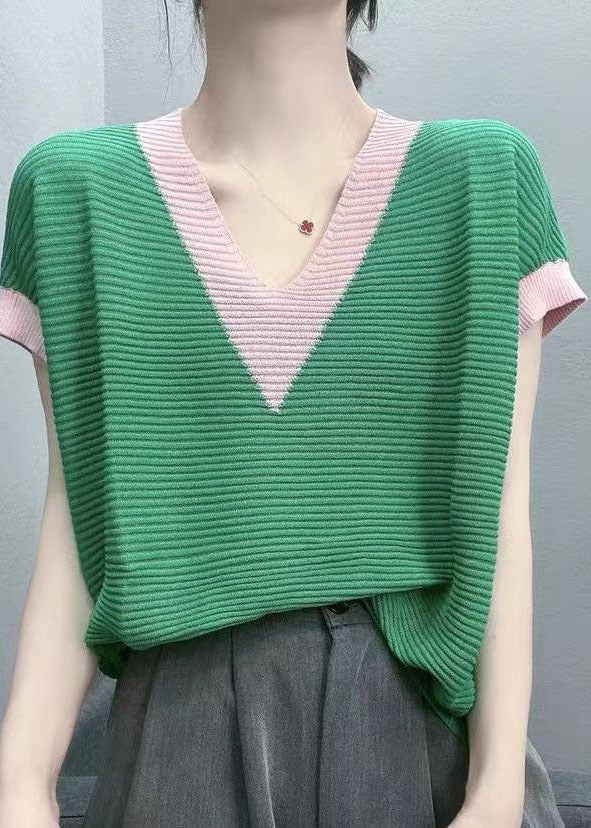 Diy Green V Neck Patchwork Knit Tank Tops Short Sleeve