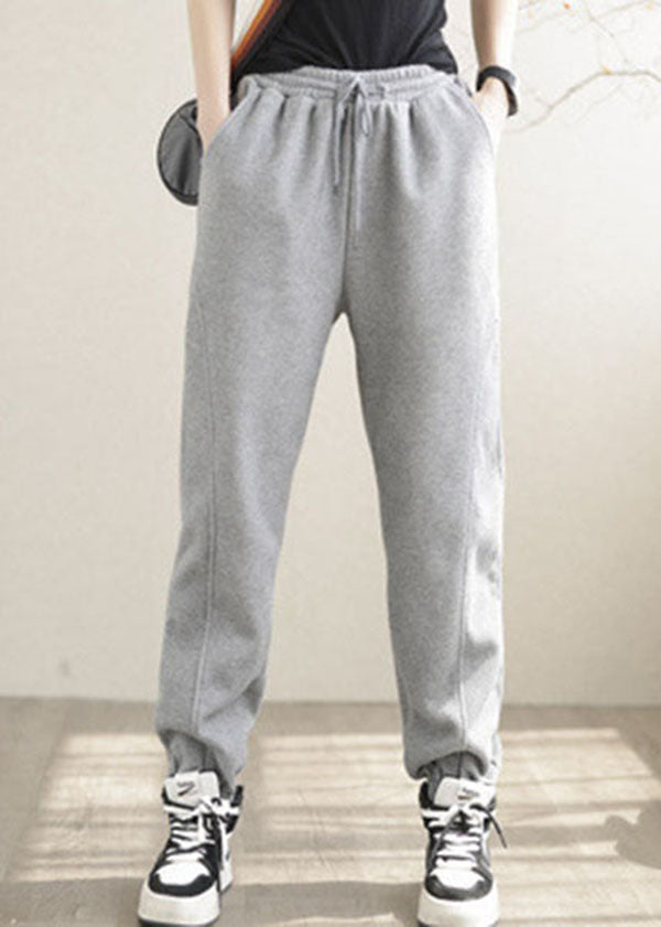 Diy Grey Elastic Waist Solid Patchwork Warm Fleece Pants Winter