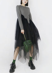 Diy Grey O-Neck Tulle Patchwork Asymmetrical Design Cotton Vacation Dresses Long Sleeve