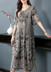 Diy Grey V Neck Embroidered Patchwork Silk Mid Dresses Summer