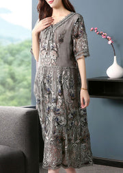Diy Grey V Neck Embroidered Patchwork Silk Mid Dresses Summer