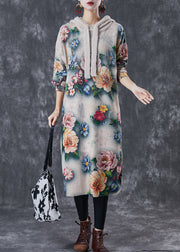Diy Khaki Hooded Floral Mink Velvet Knitted Mid Dress Winter