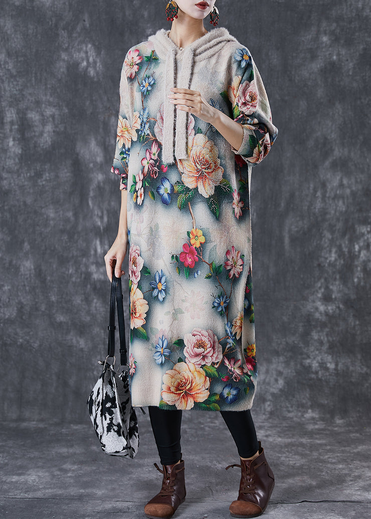 Diy Khaki Hooded Floral Mink Velvet Knitted Mid Dress Winter