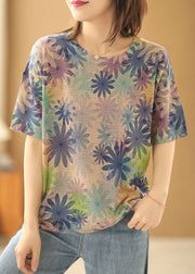Diy Khaki O-Neck Floral Print Linen Knit Tanks Short Sleeve