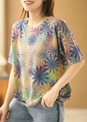 Diy Khaki O-Neck Floral Print Linen Knit Tanks Short Sleeve